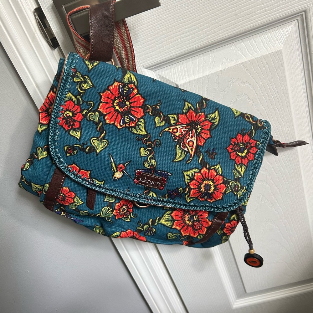 Sakroots Blue and Orange Backpack/Purse with Floral Design